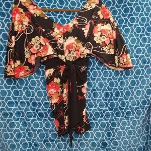 Kimono like, empire waist, black tie in back, too